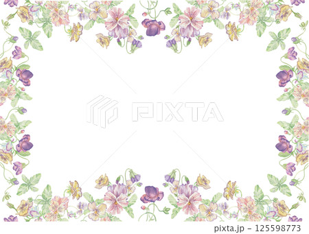 Violets flowers. Watercolor clipart illustration of rectangular frame flower composition on white background. For invitation, postcard, business card. Decorating cups, dishes, other printed materials. 125598773