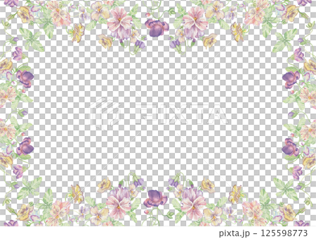 Violets flowers. Watercolor clipart illustration of rectangular frame flower composition on white background. For invitation, postcard, business card. Decorating cups, dishes, other printed materials. 125598773