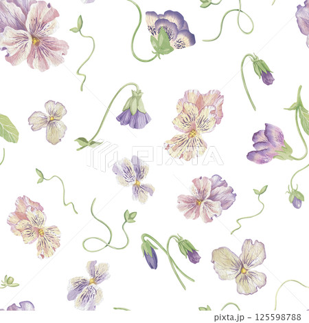 Seamless pattern of blossom violets flowers. Elegant watercolor flower buds isolated on a white background. Abstract pattern for printing on fabric, clothes, wallpapers, wrap paper packages, etc. Seamless pattern of blossom violets flowers. Elegant watercolor flower buds isolated on a white background. Abstract pattern for printing on fabric, clothes, wallpapers, wrap paper packages, etc. 125598788