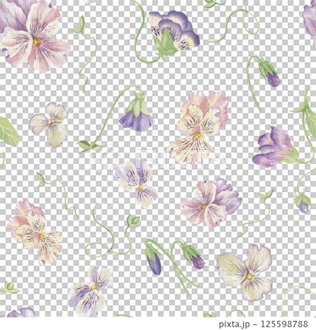 Seamless pattern of blossom violets flowers. Elegant watercolor flower buds isolated on a white background. Abstract pattern for printing on fabric, clothes, wallpapers, wrap paper packages, etc. Seamless pattern of blossom violets flowers. Elegant watercolor flower buds isolated on a white background. Abstract pattern for printing on fabric, clothes, wallpapers, wrap paper packages, etc. 125598788