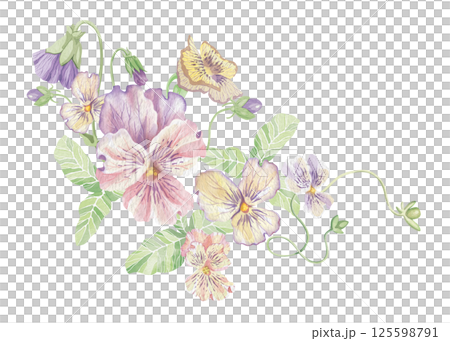 Violets flowers. Watercolor clipart illustration of abstract flower composition on white background. For invitations, postcards, business cards. Decorating cups, dishes, other printed materials. Violets flowers. Watercolor clipart illustration of abstract flower composition on white background. For invitations, postcards, business cards. Decorating cups, dishes, other printed materials. 125598791