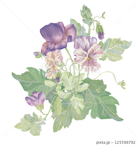 Violets flowers. Watercolor clipart illustration of lush flower composition, isolated on white background. For invitations, postcards, business cards. Decorating cups, dishes, other printed materials. 125598792