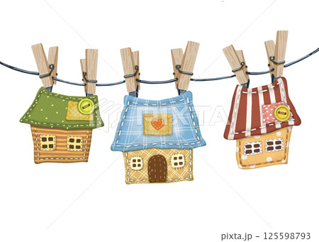 Fabric houses hanging on a rope. Watercolor illustration of handmade crafts. Cute cozy homes for scrapbooking and handmade. Postcards, notebooks, stickers, etc. Design of site on sewing and needlework Fabric houses hanging on a rope. Watercolor illustration of handmade crafts. Cute cozy homes for scrapbooking and handmade. Postcards, notebooks, stickers, etc. Design of site on sewing and needlework 125598793