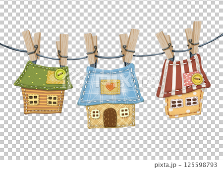 Fabric houses hanging on a rope. Watercolor illustration of handmade crafts. Cute cozy homes for scrapbooking and handmade. Postcards, notebooks, stickers, etc. Design of site on sewing and needlework Fabric houses hanging on a rope. Watercolor illustration of handmade crafts. Cute cozy homes for scrapbooking and handmade. Postcards, notebooks, stickers, etc. Design of site on sewing and needlework 125598793
