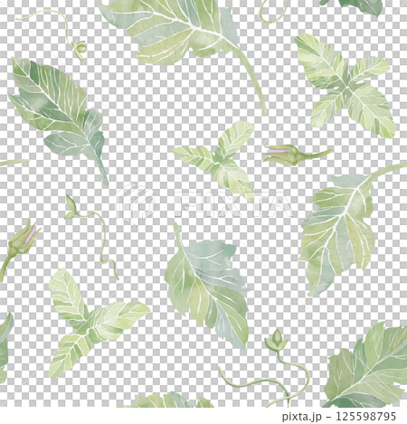 Seamless pattern of green leaves and flower buds. Fresh watercolor foliage isolated on white background. Abstract pattern for printing on fabric, clothes, wallpapers, wrap paper packages, etc. Seamless pattern of green leaves and flower buds. Fresh watercolor foliage isolated on white background. Abstract pattern for printing on fabric, clothes, wallpapers, wrap paper packages, etc. 125598795