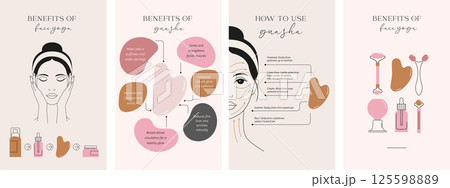 Face massage, Gua sha massage, self care, skincare illustrations. Minimalist clean design 125598889