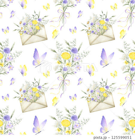 Watercolor yellow lilac wildflowers and butterflies seamless floral pattern. Field flowers and meadow grasses in bouquet tied ribbon bow and in old vintage envelope. Hand drawn isolated illustration Watercolor yellow lilac wildflowers and butterflies seamless floral pattern. Field flowers and meadow grasses in bouquet tied ribbon bow and in old vintage envelope. Hand drawn isolated illustration 125599051