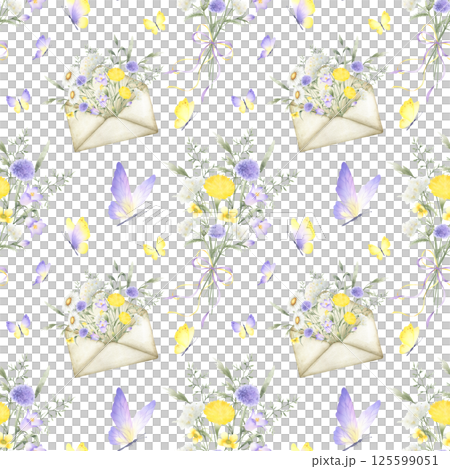 Watercolor yellow lilac wildflowers and butterflies seamless floral pattern. Field flowers and meadow grasses in bouquet tied ribbon bow and in old vintage envelope. Hand drawn isolated illustration Watercolor yellow lilac wildflowers and butterflies seamless floral pattern. Field flowers and meadow grasses in bouquet tied ribbon bow and in old vintage envelope. Hand drawn isolated illustration 125599051