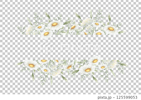 Wildflowers chamomile, yarrow and meadow grasses. Hand drawn isolated watercolor rectangular frame of yellow and white field rustic flowers with copy space for invitations, postcards, certificates Wildflowers chamomile, yarrow and meadow grasses. Hand drawn isolated watercolor rectangular frame of yellow and white field rustic flowers with copy space for invitations, postcards, certificates 125599053