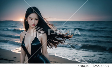 海沿いに立つ黒いドレスの美女 125599095