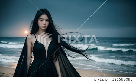 海沿いに立つ黒いドレスの美女 125599096