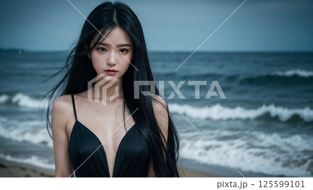 海沿いに立つ黒いドレスの美女 125599101