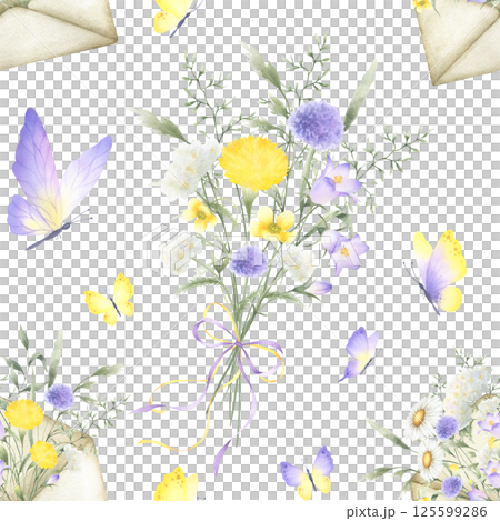 Seamless floral pattern with butterflies, bouquet tied ribbon bow and envelope with watercolor yellow and lilac wildflowers bellflower, buttercup and meadow grasses. Hand drawn isolated illustration 125599286