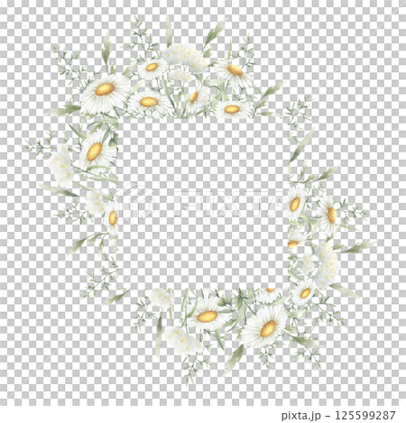 Wildflowers chamomile, yarrow and meadow grasses. Hand drawn isolated watercolor square frame of yellow and white field rustic flowers with copy space for wedding invitations, postcards and cards Wildflowers chamomile, yarrow and meadow grasses. Hand drawn isolated watercolor square frame of yellow and white field rustic flowers with copy space for wedding invitations, postcards and cards 125599287