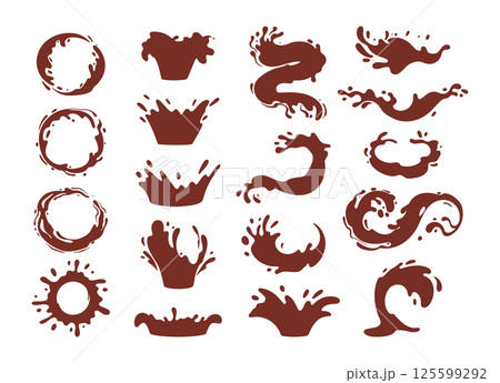 Cartoon coffee splash silhouettes. Liquid coffee or tea drops, flows and waves, brown liquid hot drink splashes flat vector illustration set. Coffee splash silhouettes 125599292
