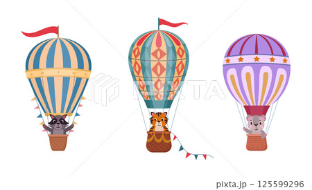 Cute animals flying on air transport. Flying hot air balloon with animals on board flat vector illustration set. Animals on retro hot air balloons 125599296