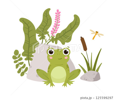 Cute green frog. Cartoon amphibia in natural habitat, sitting froggy flat vector illustration. Green little frog character 125599297