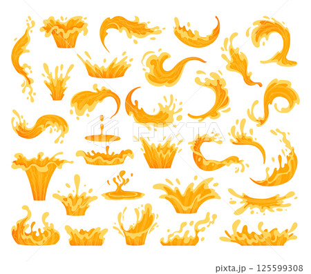 Juice splash silhouettes. Cartoon liquid orange juice drops, flows and waves, liquid orange juice splashes flat vector illustration set. Orange juice splash silhouettes 125599308
