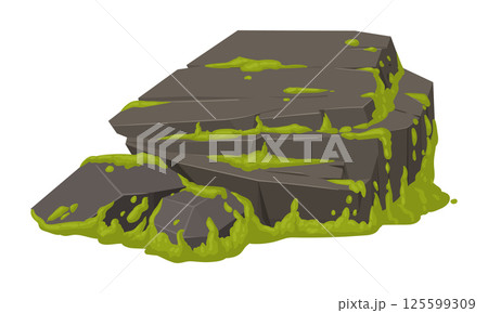 Jungle moss on gray rock. Green moss plants grow on stone, creeping lichen moss on stone flat vector illustration. Cartoon swamp moss growing on rock 125599309