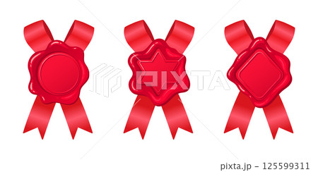 Red wax seal. Retro postal wax seals, vintage paraffin stamps with silk ribbons flat vector illustration set. Cartoon wax seal collection 125599311