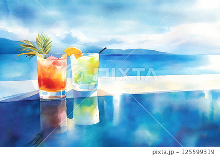 Refreshing summer cocktails served by the ocean during a sunny day at a coastal resort. 125599319