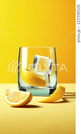 Refreshing glass of lemonade with ice cubes and lemon slices on a vibrant yellow background. 125599320