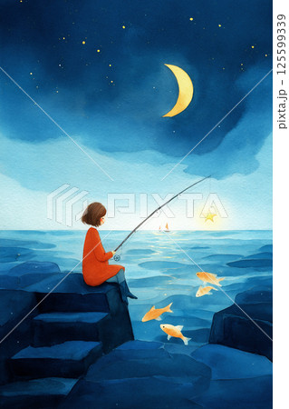 Young girl fishing at night near the water with stars and moon above. 125599339
