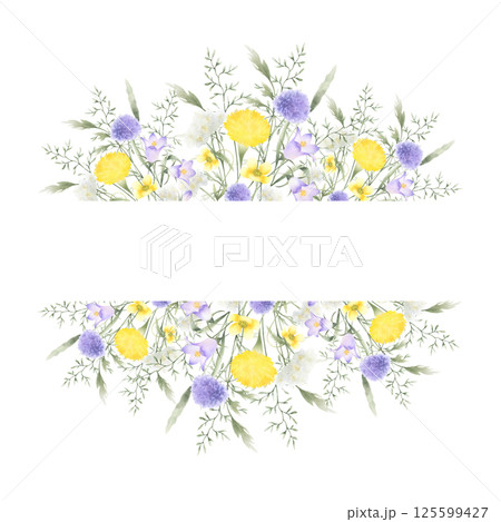 Wildflowers bellflower, dandelion, yarrow and meadow grasses. Hand drawn isolated watercolor rectangular frame of yellow lilac field flowers with copy space for invitations, postcards, certificates Wildflowers bellflower, dandelion, yarrow and meadow grasses. Hand drawn isolated watercolor rectangular frame of yellow lilac field flowers with copy space for invitations, postcards, certificates 125599427