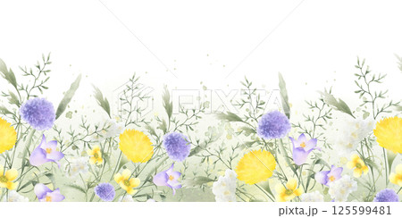 Wildflowers bellflower, dandelion, yarrow and meadow grasses. Hand drawn isolated watercolor seamless border of yellow lilac field flower on green stain and splash. Horizontal banner with copy space Wildflowers bellflower, dandelion, yarrow and meadow grasses. Hand drawn isolated watercolor seamless border of yellow lilac field flower on green stain and splash. Horizontal banner with copy space 125599481