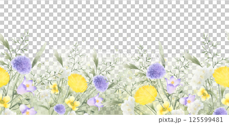 Wildflowers bellflower, dandelion, yarrow and meadow grasses. Hand drawn isolated watercolor seamless border of yellow lilac field flower on green stain and splash. Horizontal banner with copy space 125599481