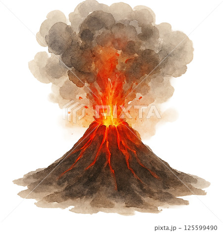 火山の噴火の水彩イラスト素材｜マグマと噴煙が立ち上る自然現象の表現に 125599490