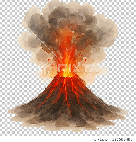 火山の噴火の水彩イラスト素材｜マグマと噴煙が立ち上る自然現象の表現に 125599490