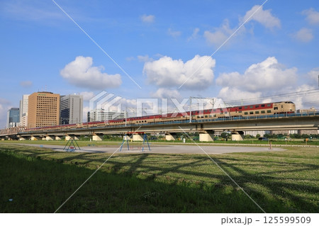 寝台列車サンライズが通る川崎・多摩川の河川敷 125599509