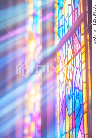 Colorful stained glass windows with sunlight reflection. 125599531