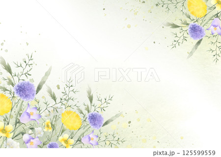 Wildflowers bellflower, dandelion, yarrow and meadow grasses hand drawn isolated watercolor rectangular frame of yellow lilac field flower on green stain and splash. Template with copy space for card Wildflowers bellflower, dandelion, yarrow and meadow grasses hand drawn isolated watercolor rectangular frame of yellow lilac field flower on green stain and splash. Template with copy space for card 125599559