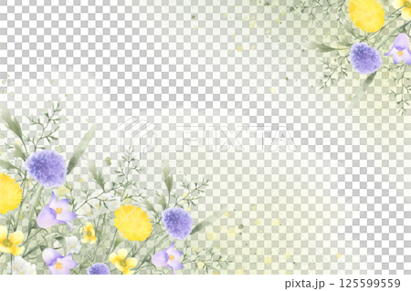 Wildflowers bellflower, dandelion, yarrow and meadow grasses hand drawn isolated watercolor rectangular frame of yellow lilac field flower on green stain and splash. Template with copy space for card Wildflowers bellflower, dandelion, yarrow and meadow grasses hand drawn isolated watercolor rectangular frame of yellow lilac field flower on green stain and splash. Template with copy space for card 125599559