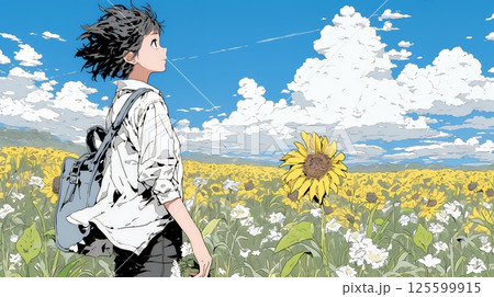 真夏の青空のもと、ヒマワリ畑を散策している若い女性