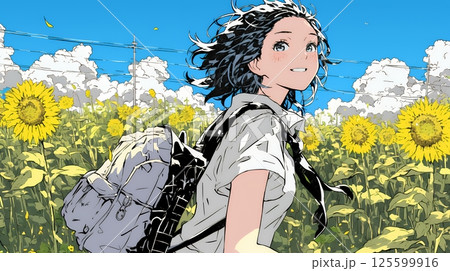 真夏の青空のもと、ヒマワリ畑を散策している若い女性
