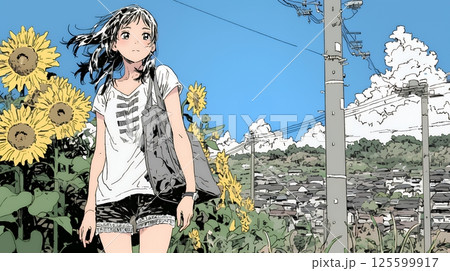 真夏の青空のもと、ヒマワリ畑を散策している若い女性