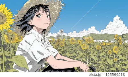 真夏の青空のもと、ヒマワリ畑を散策している若い女性