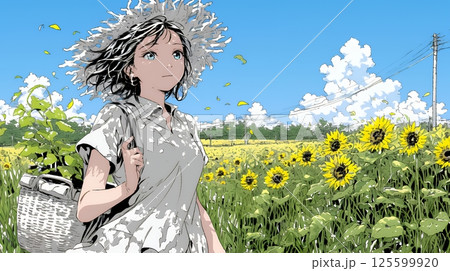 真夏の青空のもと、ヒマワリ畑を散策している若い女性