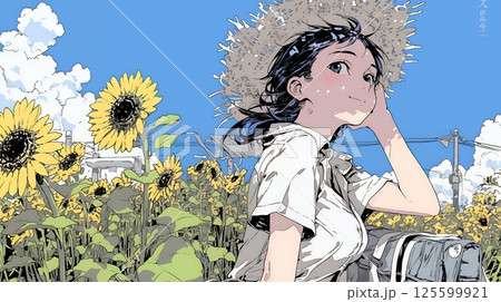 真夏の青空のもと、ヒマワリ畑を散策している若い女性 125599921