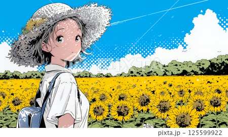 真夏の青空のもと、ヒマワリ畑を散策している若い女性