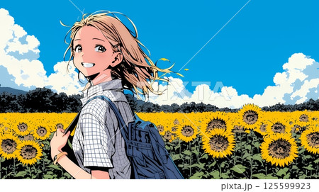 真夏の青空のもと、ヒマワリ畑を散策している若い女性 125599923