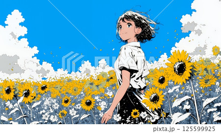 真夏の青空のもと、ヒマワリ畑を散策している若い女性 125599925