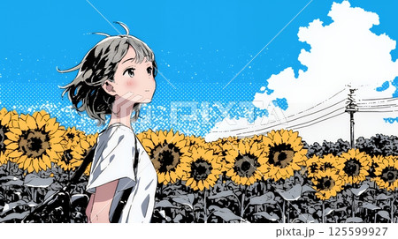 真夏の青空のもと、ヒマワリ畑を散策している若い女性 125599927