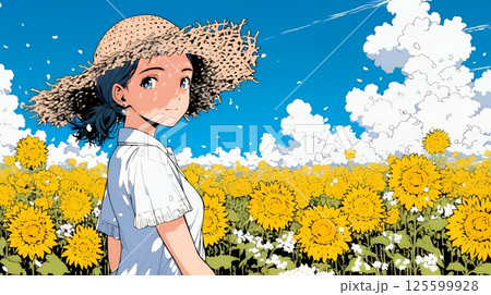 真夏の青空のもと、ヒマワリ畑を散策している若い女性