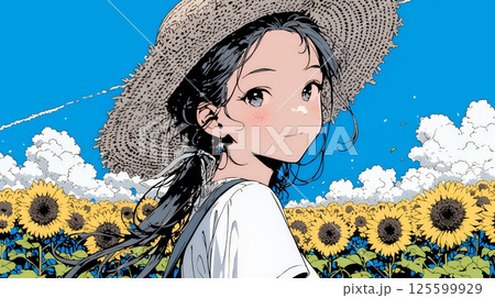 真夏の青空のもと、ヒマワリ畑を散策している若い女性 125599929