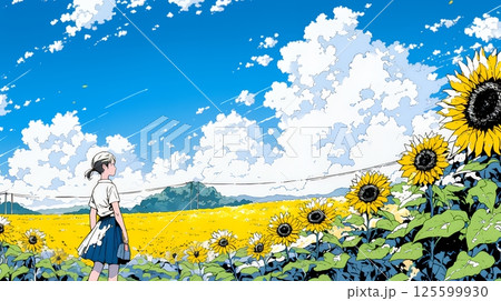 真夏の青空のもと、ヒマワリ畑を散策している若い女性