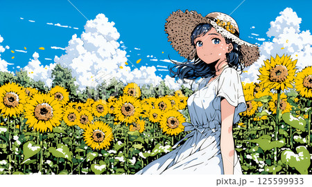 真夏の青空のもと、ヒマワリ畑を散策している若い女性